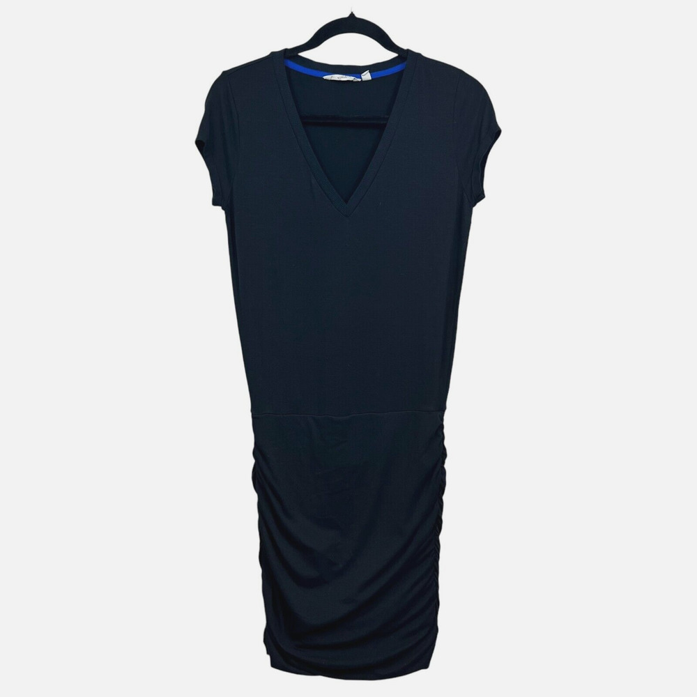 Athleta Women Topanga T Shirt Dress Stretch Crew Neck Ruched Sleeve Black XXS*